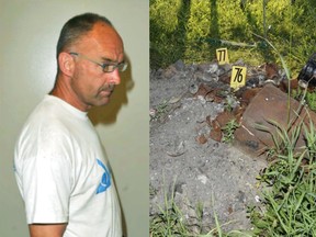 Combined photos submitted during trial, show Douglas Garland and the burn barrel at his farm.