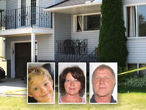 Nathan O'Brien and his grandparents Alvin and Kathryn Liknes, with the Liknes Parkhill home.