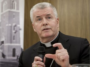 Bishop William McGrattan, the newly appointed head of Calgary's Catholic Diosces, speaks with media at the Catholic Pastoral Centre in Calgary, on Feb. 27, 2017. McGrattan replaces the outspoken and often controversial Bishop Fred Henry.