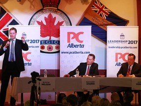 Byron Nelson speaks while debating Richard Starke and Jason Kenney take part in the PC leadership final debate at the Royal Canadian Legion #1 on Tuesday evening February 7, 2017.