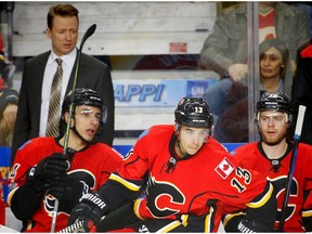 Calgary Flames Johnny Gaudreau jumps off the bench during a game against the Arizona Coyotes in Calgary on Monday, February 13, 2017. Gaudreau was demoted to the fourth line in the 5-0 loss.
