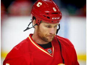 Calgary Flames Dennis Wideman during the pre-game skate before facing the Philadelphia Flyers in NHL hockey in Calgary on Wednesday February, 15, 2017.