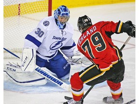 Calgary Flames winger Micheal Ferland's break away chance is stopped by Tampa Bay Lightning goaltender Ben Bishop during NHL action against the the Tampa Bay Lightning at the Scotiabank Saddledome on Wednesday December 14, 2016. The Flames are at the Lightning on Thursday.