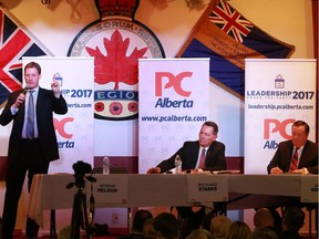 Richard Starke, Byron Nelson and Jason Kenney take part in the PC leadership final debate at the Royal Canadian Legion #1 on Tuesday evening February 7, 2017.  GAVIN YOUNG/POSTMEDIA NETWORK