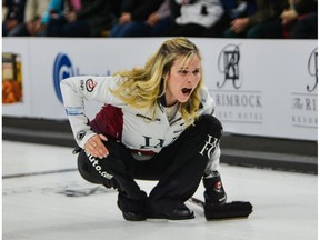 Team Jones skip Jennifer Jones yells commands to her teammates during the first semifinal match of the 2017 Pinty's All-Star Curling Skins Game against Team Carey at the Fenlands Recreation Centre in Banff, Alta. on Friday, Feb. 3, 2017. (Daniel Katz/ Crag & Canyon/ Postmedia)