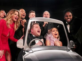 Faith Hill, Tim McGraw, John Legend, GRAMMY Awards host James Corden, Ryan Tedder of OneRepublic, Jennifer Lopez, Neil Diamond and Jason Derulo  during The 59th GRAMMY Awards at STAPLES Center on February 12, 2017 in Los Angeles, California.