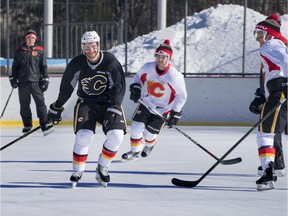 The Calgary Flames practice on a rink in New York's Central Park Saturday, Feb. 4, 2017. The Flames play the New York Rangers on Sunday.