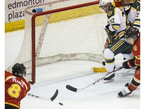 University of Calgary Dinos forward Elgin Pearce scores against the University of Alberta Golden Bears at Clare Drake Arena during the 2015 Canada West final in Edmonton. The Dinos open the 2017 playoffs by hosting the UBC Thunderbirds on Friday. Ian Kucerak