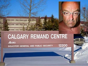 A police photograph of Douglas Garland is pictured over the Calgary Remand Centre.