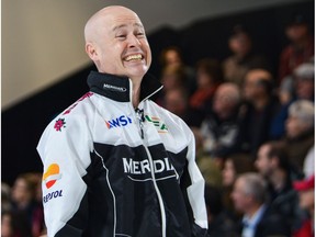 Team Koe skip Kevin Koe reacts after missing a shot during the 2017 Pinty's All-Star Curling Skins Game semifinal against Team Edin at the Fenlands Recreation Centre in Banff, Alta., on Saturday, Feb. 4, 2017.