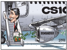 UPLOADED BY: Malcolm Mayes ::: EMAIL: mmayes:: PHONE: 780-288-3542 ::: CREDIT: Malcolm Mayes ::: CAPTION: Oblivious Justin Trudeau loses more money to Bombardier. (Cartoon by Malcolm Mayes)