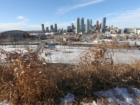 Scotiabank Saddledome, the Stampede grounds and Victoria Park, with the Calgary downtown skyline.