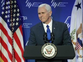 FILE- In this Feb. 24, 2017, file photo, Vice President Mike Pence speaks at the Republican Jewish Coalition annual leadership meeting in Las Vegas. Pence, the former governor of neighboring Indiana, on Thursday, March 2, is scheduled to visit Frame USA, which sells American-made picture frames from its base in a northern Cincinnati suburb. (AP Photo/John Locher, File)