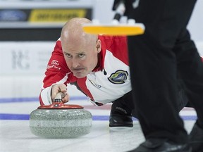 Team Canada skip Kevin Koe delivers a rock against Northern Ontario in 3 vs. 4 Page playoff game action at the Tim Hortons Brier curling championship at Mile One Centre in St. John&#039;s on Saturday, March 11, 2017. THE CANADIAN PRESS/Andrew Vaughan