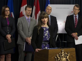 Rosalind Davis speaks about her partner Nathan Huggins - Rosenthal, who died Feb 17, 2016 from an opioid overdose, at the Alberta Legislature in Edmonton Monday, March 6, 2017.