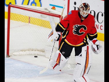 Calgary Flames Chad Johnson reacts after giving up a goal to the Boston Bruins during NHL hockey in Calgary, Alta., on Wednesday, March 15, 2017. AL CHAREST/POSTMEDIA