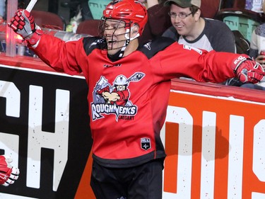 The Calgary Roughnecks' Jeff Shattler celebrates scoring on the Georgia Swarm during National Lacrosse League action at the Scotiabank Saddledome in Calgary on Saturday March 4, 2017.