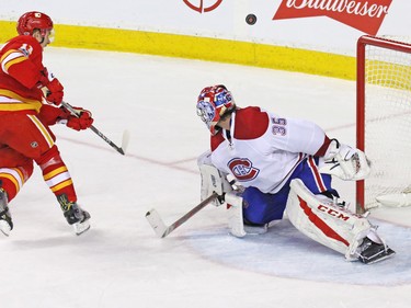 Mikael Backlund just misses on this short-handed break-away on Montreal Canadiens goaltender Al Montoya during third period NHL action at the Scotiabank Saddledome on Thursday March 9, 2017.
GAVIN YOUNG/POSTMEDIA NETWORK