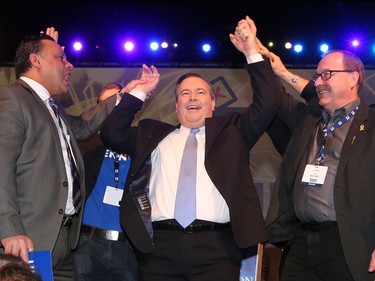 Jason Kenney, centre, celebrates winning the Alberta PC leadership in downtown Calgary on Saturday March 18, 2017.
