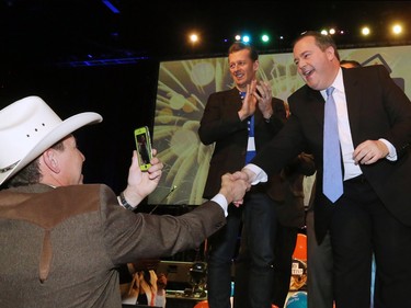 Jason Kenney shakes hands with supporters after winning the Alberta PC leadership in downtown Calgary on Saturday March 18, 2017.