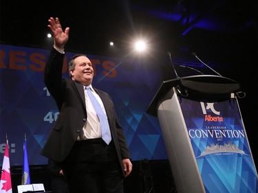 Jason Kenney waves to the crowd after winning the Alberta PC leadership in downtown Calgary on Saturday March 18, 2017. Gavin Young/Postmedia Network