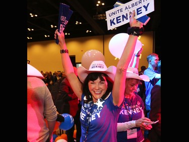 Jason Kenney supporter Diane Sequin celebrates Kenney won the Alberta PC leadership in downtown Calgary on Saturday March 18, 2017.