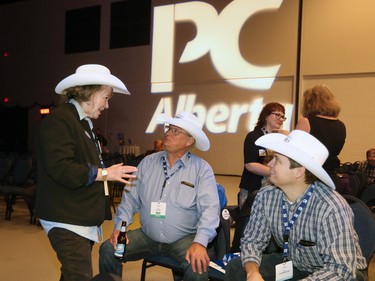 PC delegates chat while awaiting the results of the Alberta PC leadership vote in downtown Calgary on Saturday March 18, 2017.