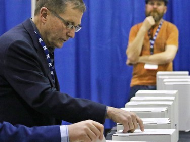 Former Alberta premier Ed Stelmach votes during the PC leadership convention in downtown Calgary on Saturday March 18, 2017.