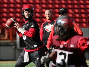 Calgary Stampeders practise roster quarterback Nick Arbuckle looks for a receiver during drills at McMahon Stadium on Oct 19, 2016. (Gavin Young)