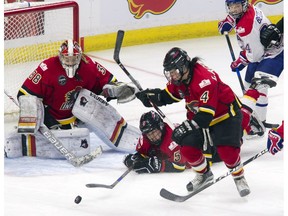 The Calgary Inferno block a scoring attempt by Les Canadiennes Montreal during the 2017 Clarkson Cup final at Ottawa's Canadian Tire Centre on Sunday March 5, 2017. Ashley Fraser