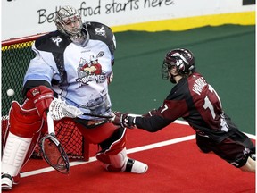 Calgary Roughnecks goalie Frank Scigliano tries to stop a shot from Colorado Mammoth Chris Wardle at the Scotiabank Saddledome in Calgary, Alta. on Saturday January 28, 2017. Colorado defeated the Roughnecks 18-9 on Friday.
