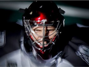 Mike Poulin is introduced as the Calgary Roughnecks goalie in a game against the Minnesota Swarm in Calgary on March 29, 2014. He has since switched organizations and will make his return to the Saddledome on Saturday. (Lyle Aspinall)