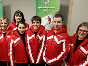 Calgary's Special Olympians are ready to head to Austria as Katie Sanders, Barb Prystai coach for figure skating, Jorden Tyson, Sarah McCarthy, Ben Maeseelee and Holly Burton coach of cross-country skiing held a press conference at City Hall in Calgary, Alta., on March 1, 2017. Ryan McLeod/Postmedia Network