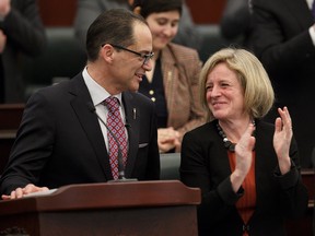 Alberta Finance Minister Joe Ceci and Premier Rachel Notley during the tabling of the provincial budget at the Alberta Legislature in Edmonton on March 16, 2017.