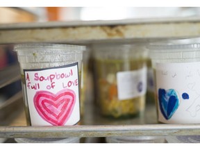 Children's handmade labels on soup made during a Calgary soup-a-thon benefiting Syrian refugees.