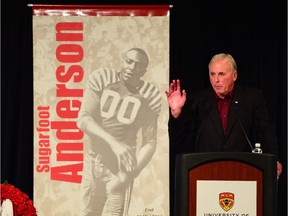 Stampeders general manager John Hufnagel remembers Ezzrett 'Sugarfoot' Anderson as family, friends and fans gathered to celebrate the life of Calgary Stampeders Wall-of-Famer at the Red and White Club in McMahon Stadium in Calgary on Tuesday, March 28, 2017. Anderson, who died March 8, 2017, was remembered with pride by former and current Stampeders management and his children. (Ryan McLeod)