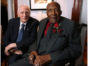 Former Stampeder Harry Langford, left, joined Ezzrett "Sugarfoot" Anderson, one of the oldest and most beloved Stampeders, for Anderson's 95th birthday celebration on February 21, 2015. The Stampeders announce Wednesday Anderson died at the age of 97.
