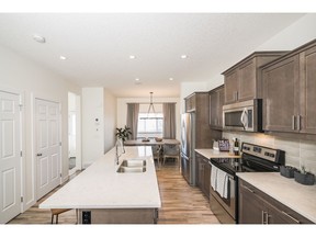 The kitchen in the Milo show home in Vista Crossing in Crossfield.