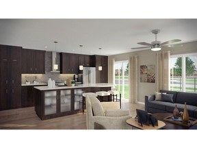 An artist's rendering of the kitchen and great room area in the Aspen end unit at the Gates at Hillcrest by Mattamy Homes in Airdrie.