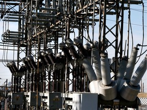 Transformers and other high-voltage equipment at an AltaLink electrical substation in Strathcona County.