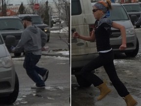 RCMP released these images of a pair fleeing after an assault on workers at a Walmart in Airdrie.