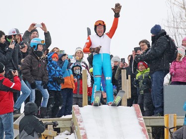 Michael Edwards best known as Eddie the Eagle gets ready to ski jump in Calgary on Saturday March 5, 2017. The 1988 Olympian was ski jumping in support of local jumpers at Canada Olympic Park on Saturday March 5, 2017. About a 1000 fans watched Eddie jump. GAVIN YOUNG/POSTMEDIA NETWORK