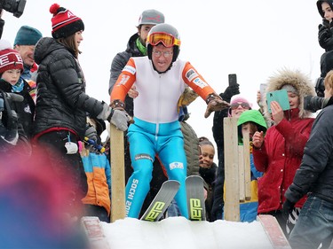 Michael Edwards best known as Eddie the Eagle gets ready to ski jump in Calgary on Saturday March 5, 2017. The 1988 Olympian was ski jumping in support of local jumpers at Canada Olympic Park on Saturday March 5, 2017. About a 1000 fans watched Eddie jump. GAVIN YOUNG/POSTMEDIA NETWORK