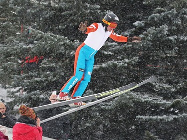 Michael Edwards best known as Eddie the Eagle flew again in Calgary ski jumping in support of local jumpers at Canada Olympic Park on Saturday March 5, 2017. About a 1000 fans watched the 1988 Olympian jump.