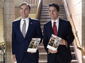 Finance Minister Bill Morneau and Prime Minister Justin Trudeau hold copies of the federal budget in the House of Commons in Ottawa, Wednesday, March 22, 2017.