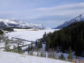 A southward view down Cline River in Alberta where retreating ice sheets created an ice-free corridor more than 13,000 years ago.
