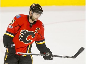 Mark Giordano of the Calgary Flames skates after losing to the Boston Bruins in Calgary on Wednesday, March 15, 2017. Boston won 5-2, snapping a 10-game Flames' winning streak. (Lyle Aspinall)