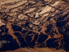 An aerial view of Suncor's tailings pond 5 at their oilsands mining and upgrading facility north of Fort McMurray.