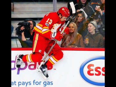 Calgary Flames Johnny Gaudreau celebrates after scoring against the Los Angeles Kings during NHL hockey in Calgary, Alta., on Sunday, March 19, 2017. AL CHAREST/POSTMEDIA