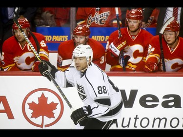 Jarome Iginla of the Los Angeles Kings skates past the Calgary Flames bench during NHL action in Calgary, Alta., on Sunday, March 19, 2017. Lyle Aspinall/Postmedia Network